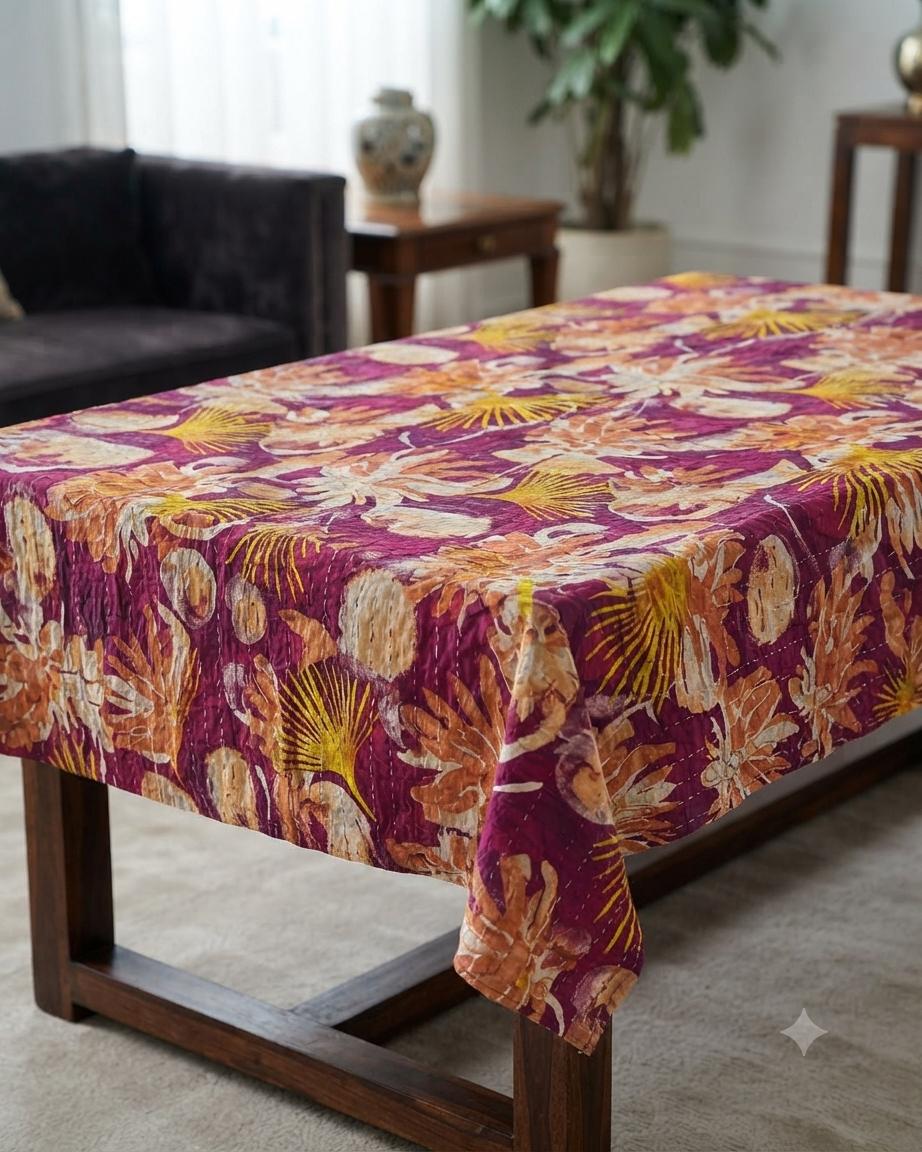 Magenta & Mustard Floral Cotton Table Cover | Hand-Stitched Reversible Tablecloth