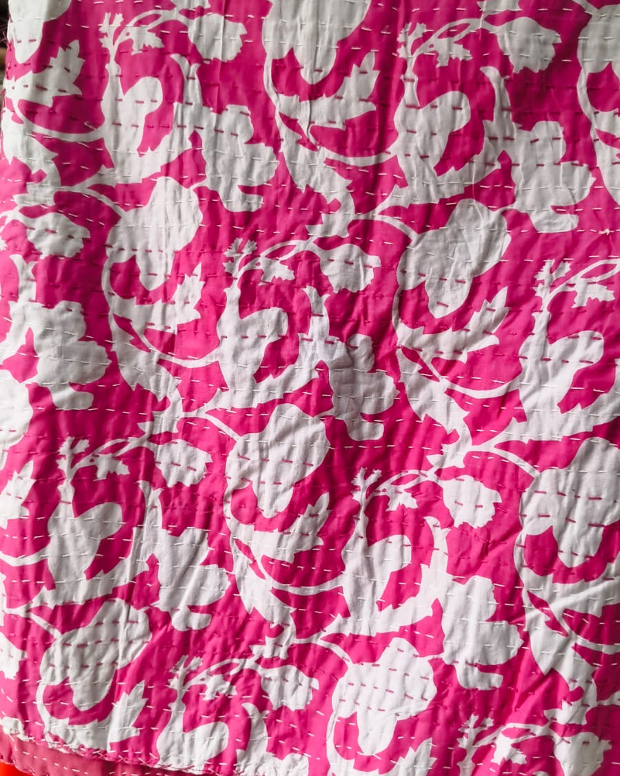 Magenta pink and off-white botanical floral block-print cotton single bed cover and lightweight bedspread (60x90 inches).