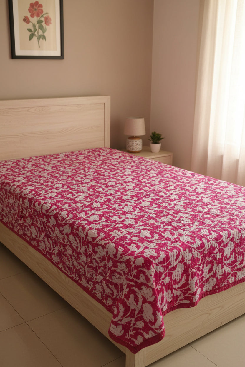 Magenta pink and off-white botanical floral block-print cotton single bed cover and lightweight bedspread (60x90 inches).