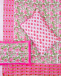 100x108 inch king size cotton bedsheet and matching pillow covers styled with a traditional magenta pink and green handblock floral rose print.