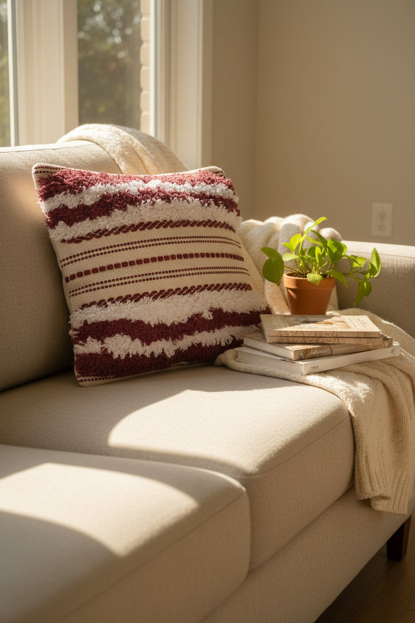maroon hand tufted cushion cover