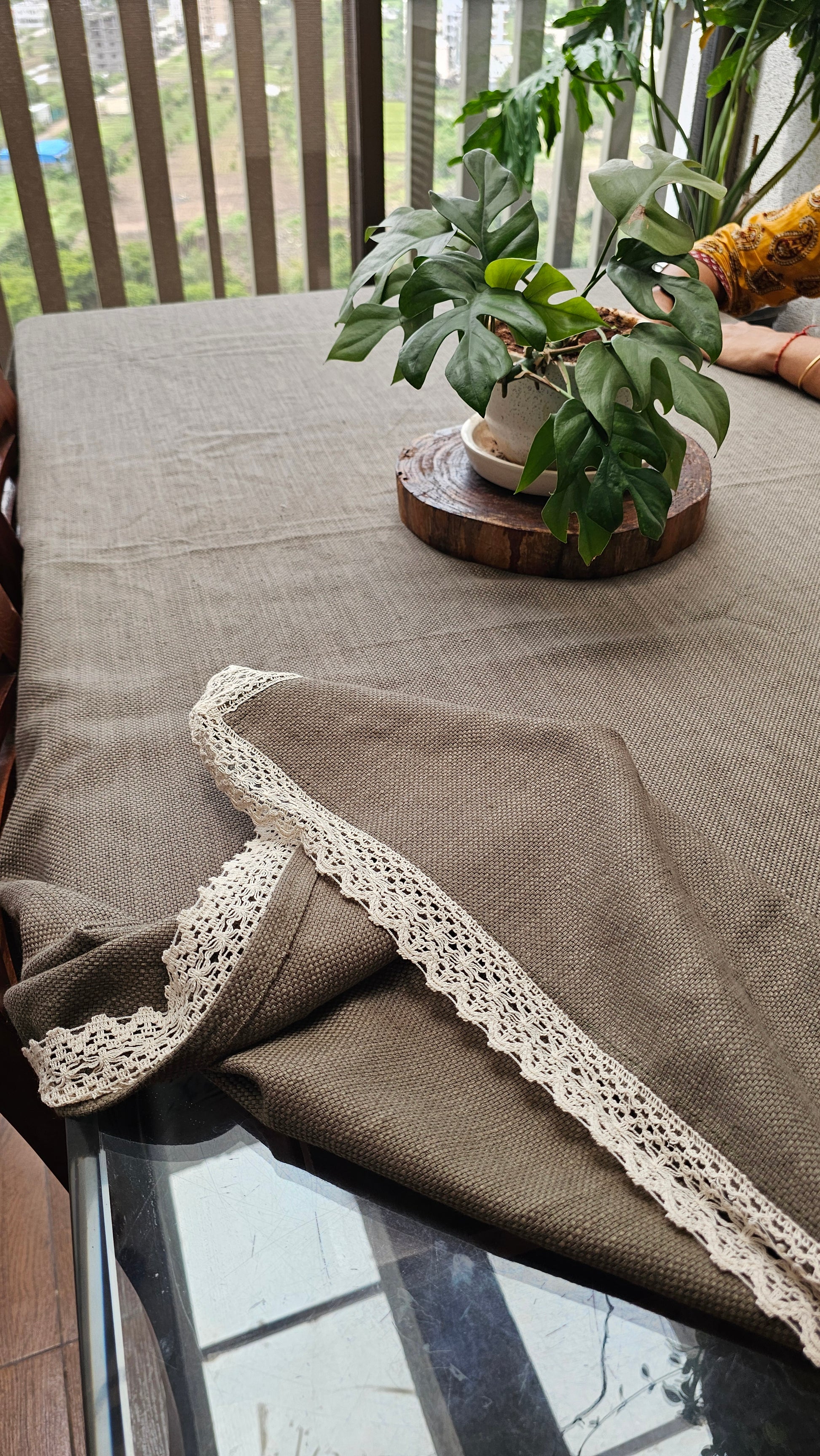 military green table cover with lace