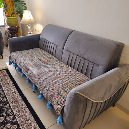 modern sky blue couch cover with tassels