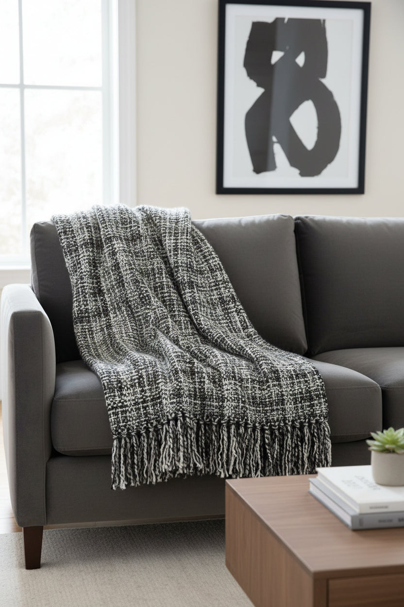 Monochrome charcoal grey and cream handwoven chunky woolen sofa throw blanket featuring a windowpane grid plaid pattern and twisted fringe.