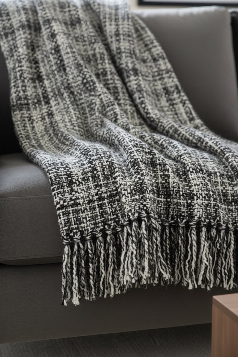 Monochrome charcoal grey and cream handwoven chunky woolen sofa throw blanket featuring a windowpane grid plaid pattern and twisted fringe.
