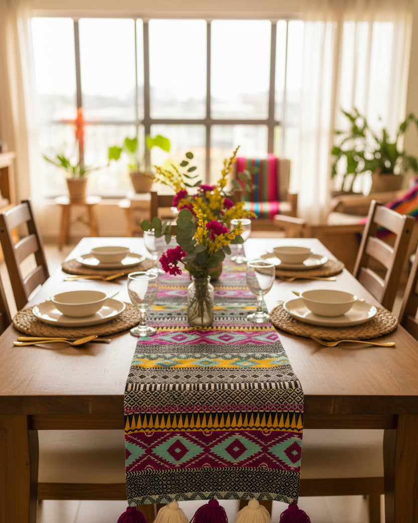 Multicolor Aztec Jacquard cotton dining table runner featuring vibrant geometric tribal bands and alternating magenta and off-white woolen hanging tassels, with Vasaca brand labels.