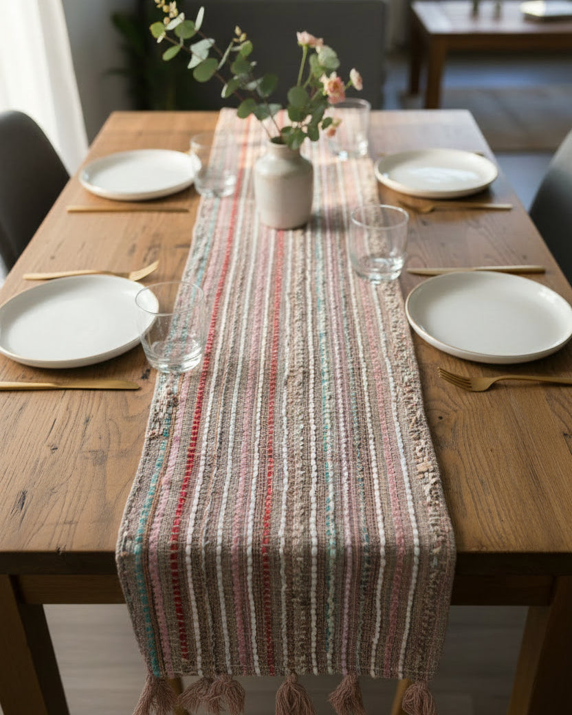 Multicolor stripe cotton handloom table runner featuring vertical woven lines in red, pink, and turquoise with chunky yarn tassels, and Vasaca brand labels.