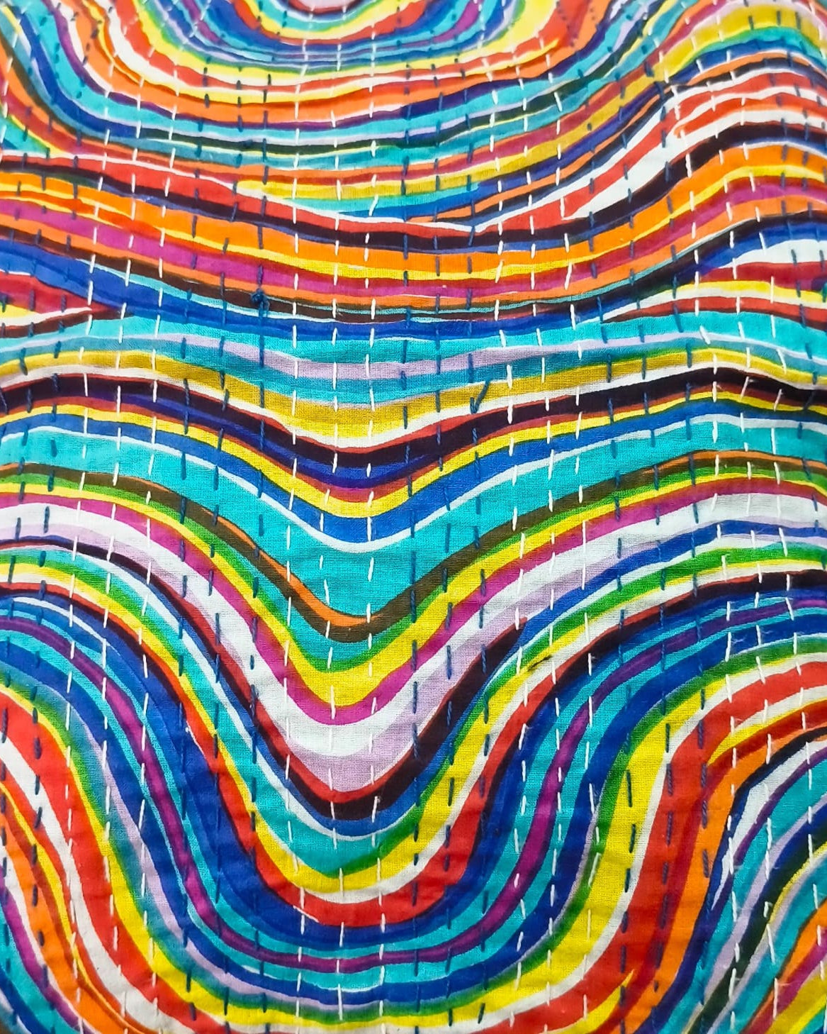 Vibrant multicolor rainbow wavy stripe cotton cushion cover featuring traditional hand-stitched kantha quilting lines.