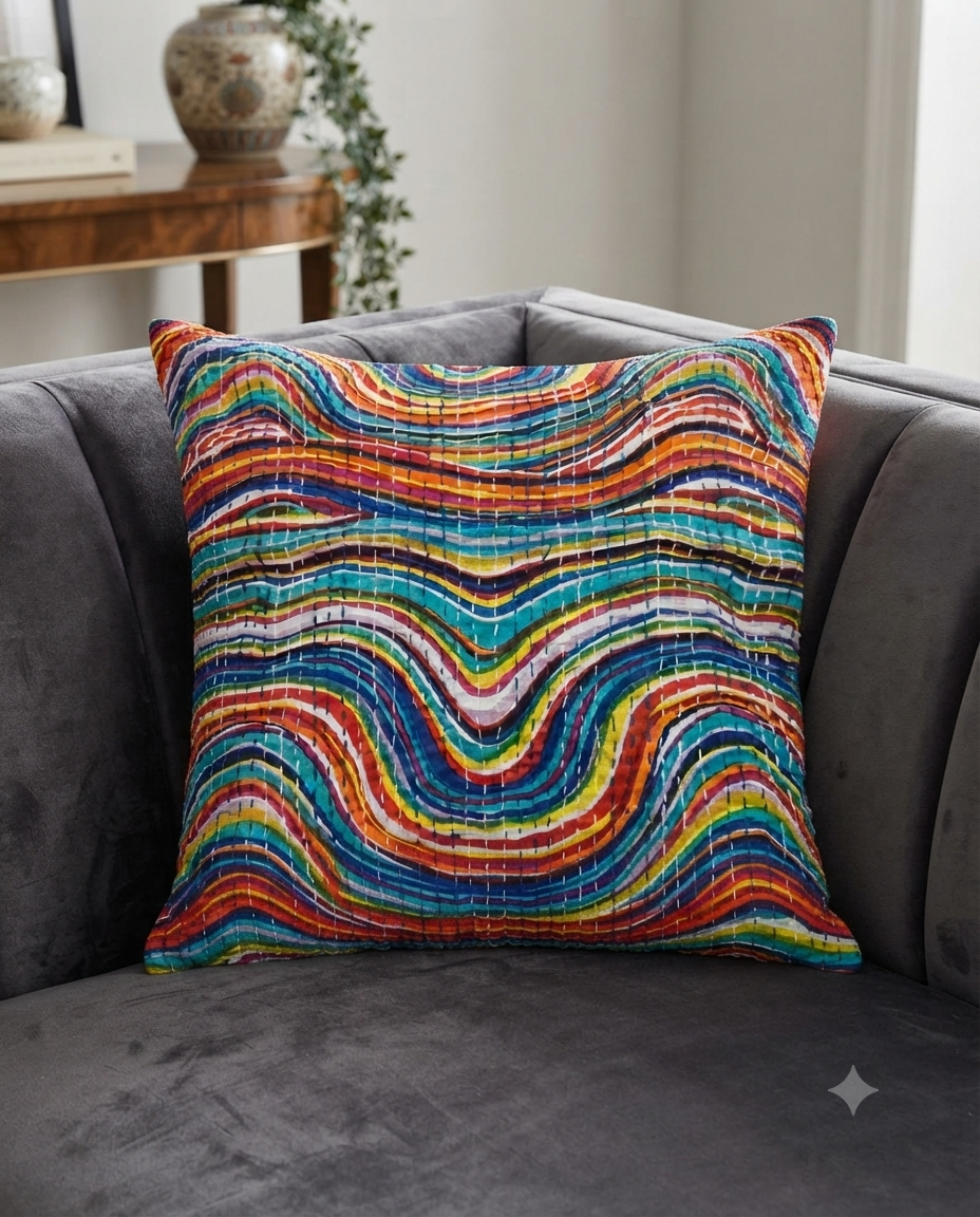Vibrant multicolor rainbow wavy stripe cotton cushion cover featuring traditional hand-stitched kantha quilting lines.