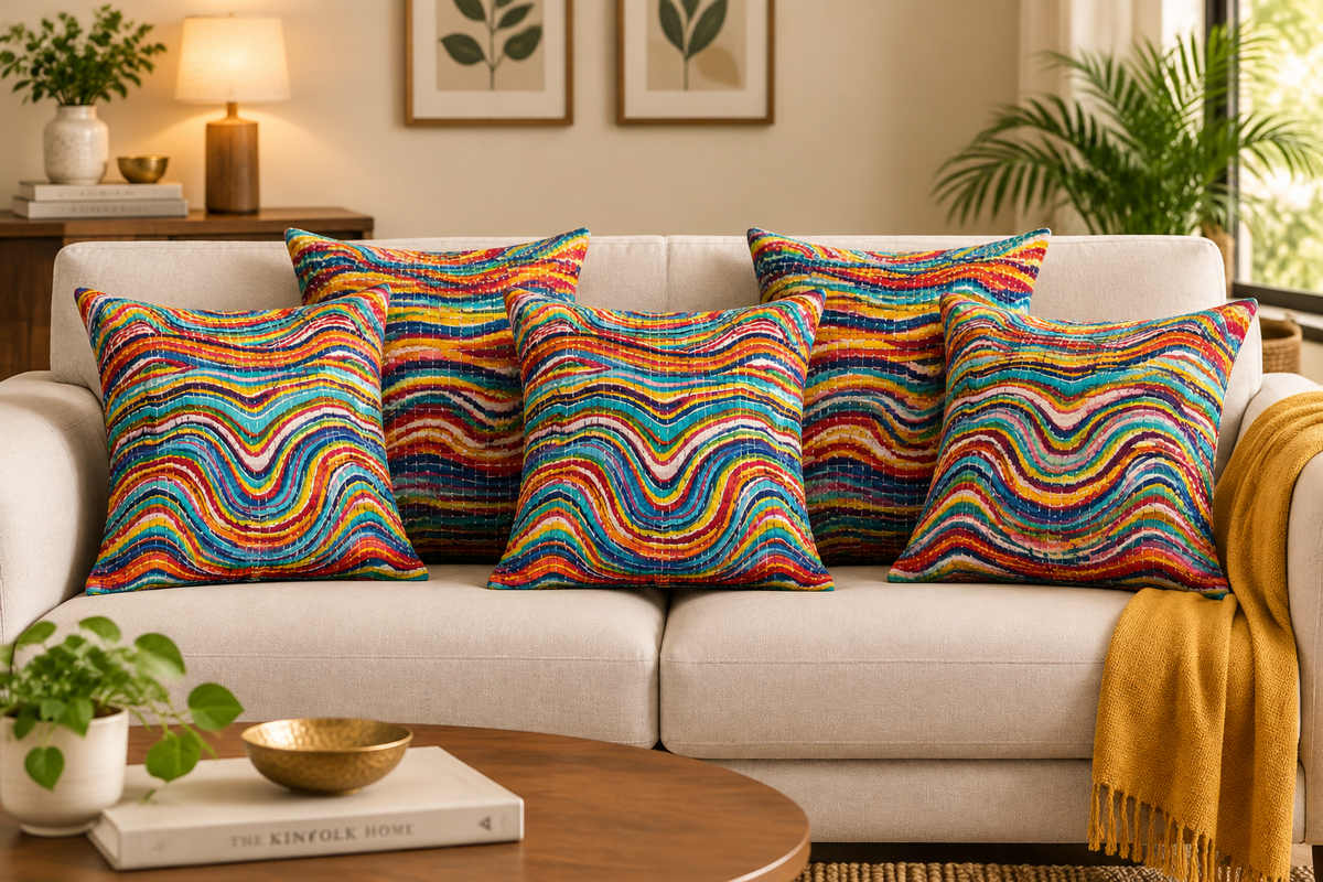 Multicolor Wavy Stripe Kantha Cushion Cover | Hand-Stitched Throw Pillow Case
