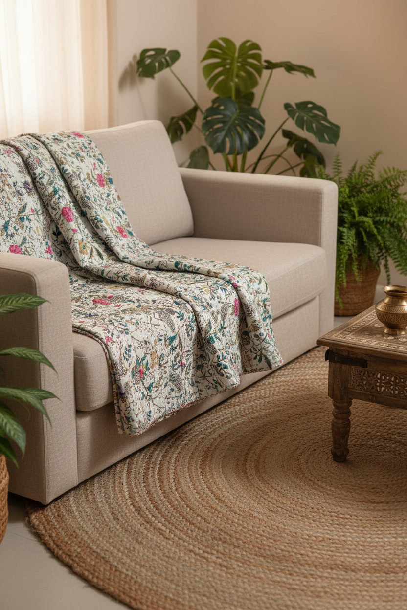 Beige Floral Kantha Sofa Throw | Hand-Stitched Pure Cotton | Elegant Botanical Wrap
