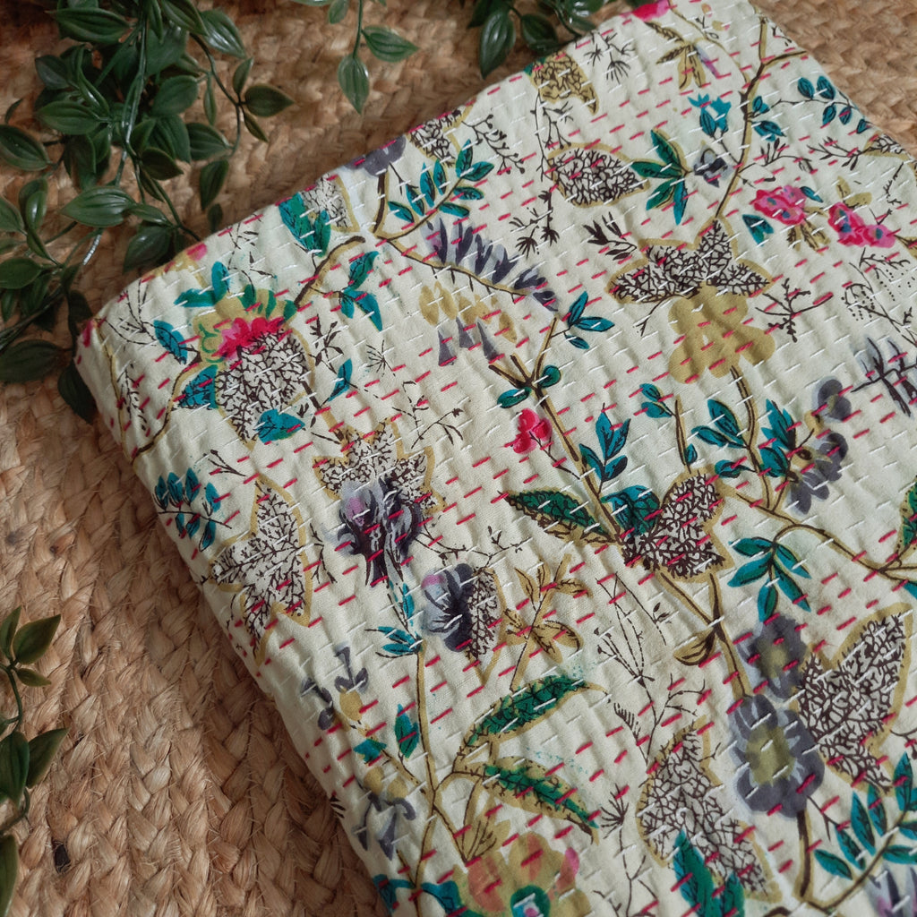 Beige Floral Kantha Sofa Throw | Hand-Stitched Pure Cotton | Elegant Botanical Wrap