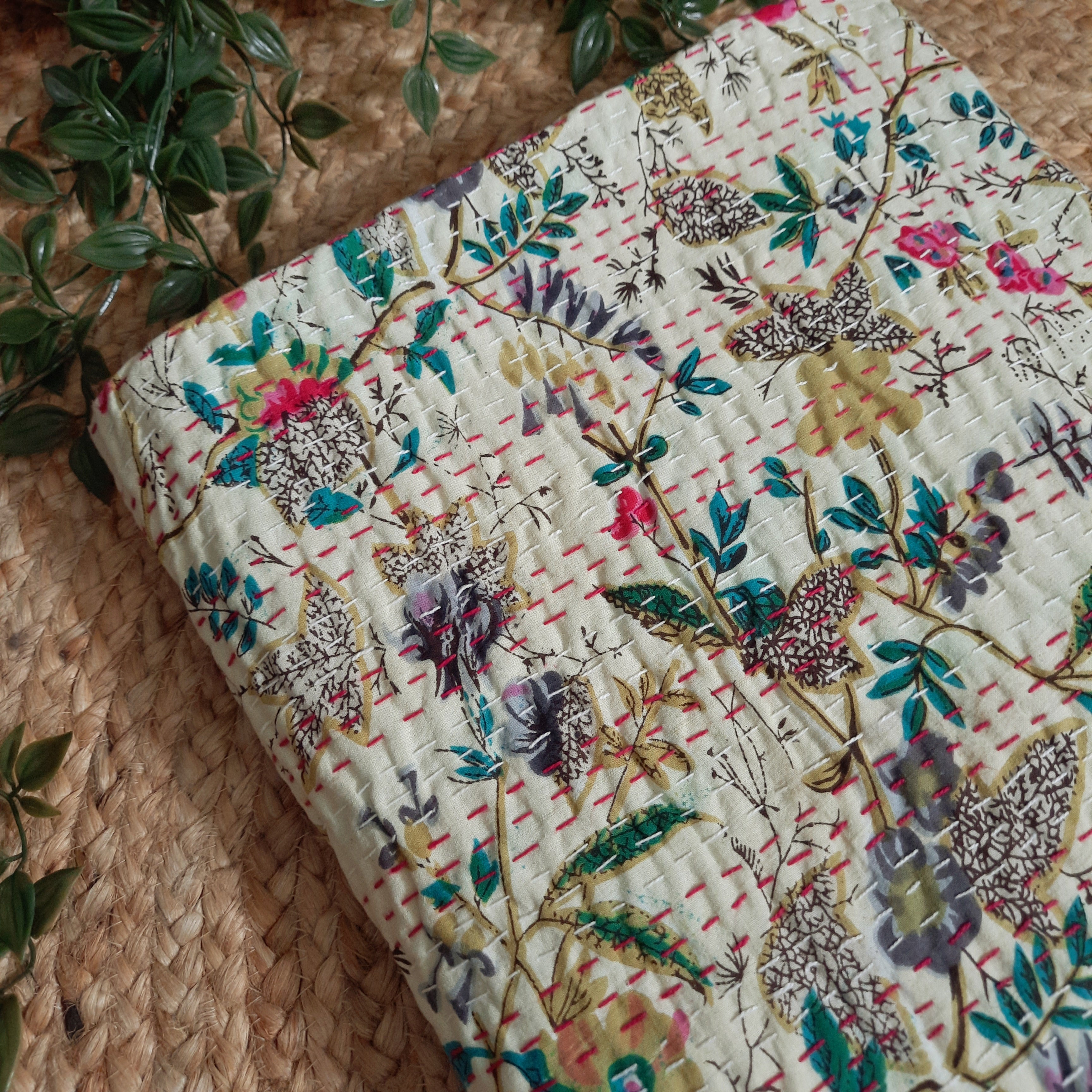 Beige Floral Kantha Sofa Throw | Hand-Stitched Pure Cotton | Elegant Botanical Wrap