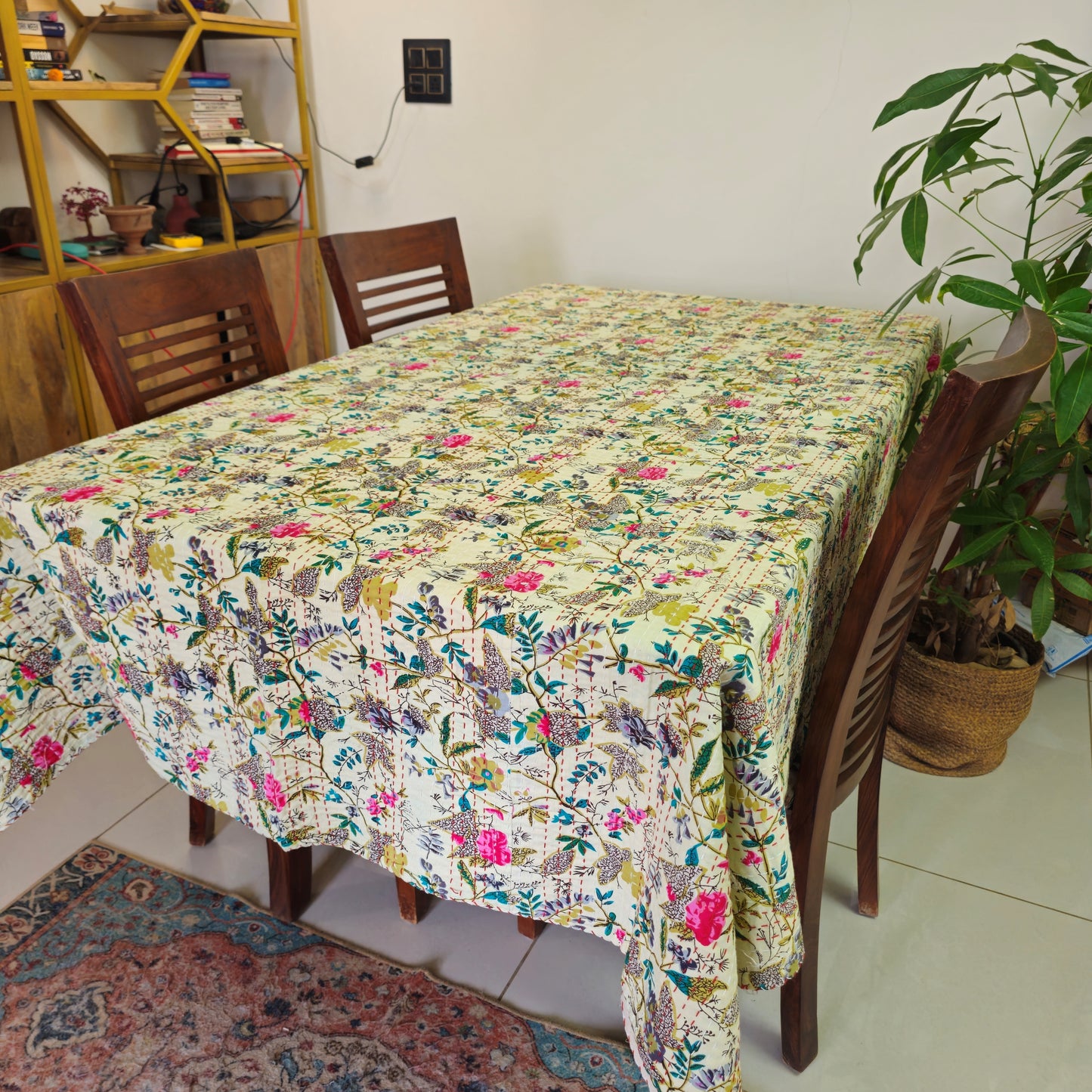 Multi Color Floral Print Kantha Work Handmade Table Cover