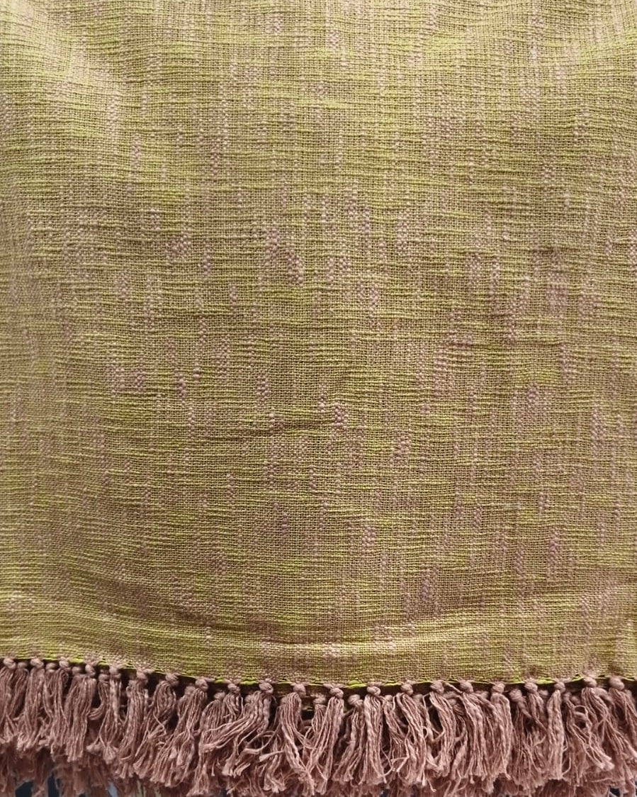 Mustard yellow handloom slub cotton king size bed cover featuring a textured solid weave and handcrafted fringe tassels.