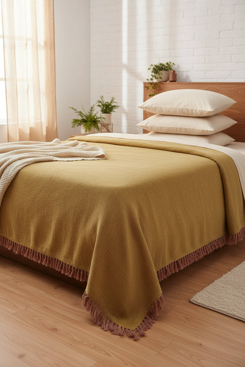 Mustard yellow handloom slub cotton king size bed cover featuring a textured solid weave and handcrafted fringe tassels.