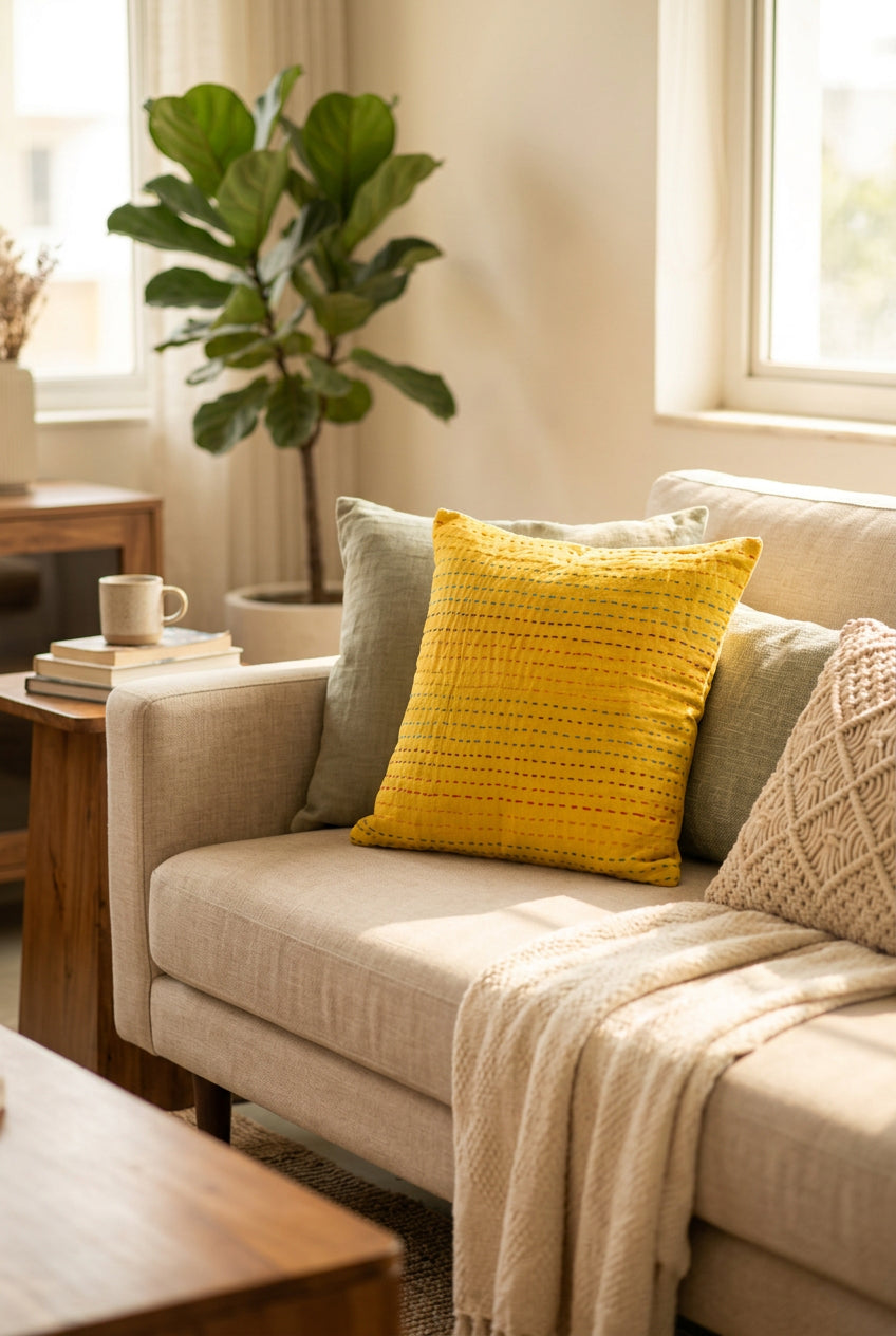 Square mustard yellow cotton cushion cover with horizontal multicolored Kantha hand stitching laid flat on a light floor surface.