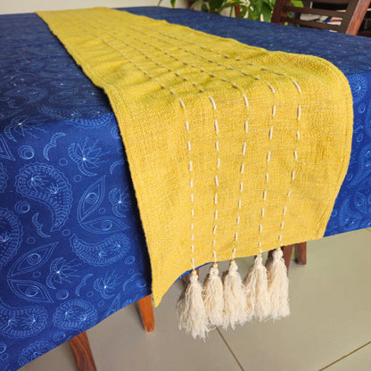 Handmade Kantha Work Slub Cotton Table Runner in Mustard-yellow Color with Threaded Lines and Hanging Tassels