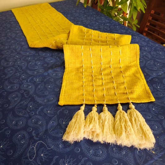 Handmade Kantha Work Slub Cotton Table Runner in Mustard-yellow Color with Threaded Lines and Hanging Tassels