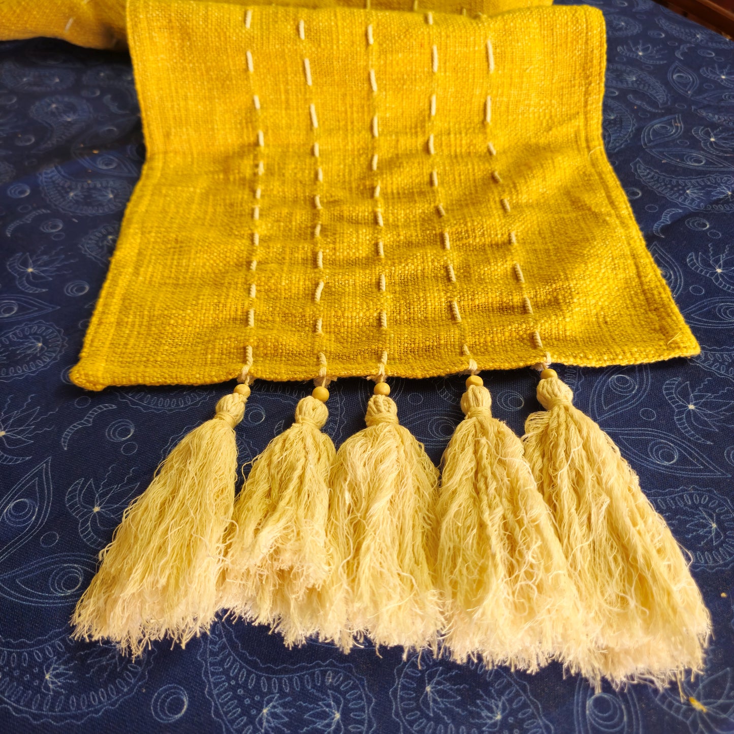 Handmade Kantha Work Slub Cotton Table Runner in Mustard-yellow Color with Threaded Lines and Hanging Tassels