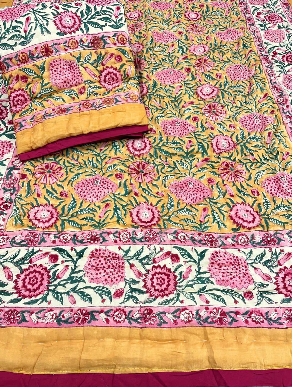 Floral patterned fabric with pink and yellow accents