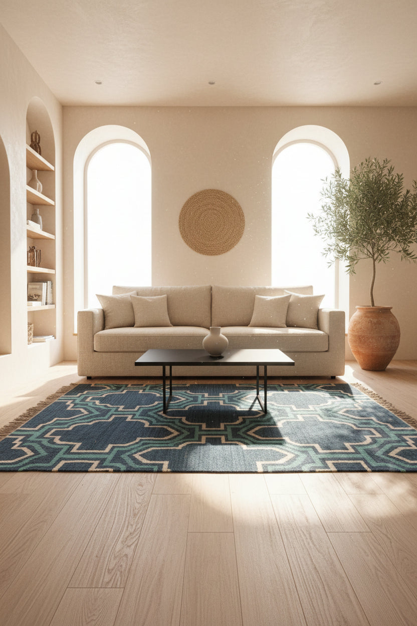 navy and turquoise rug