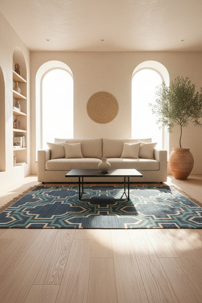 navy and turquoise rug