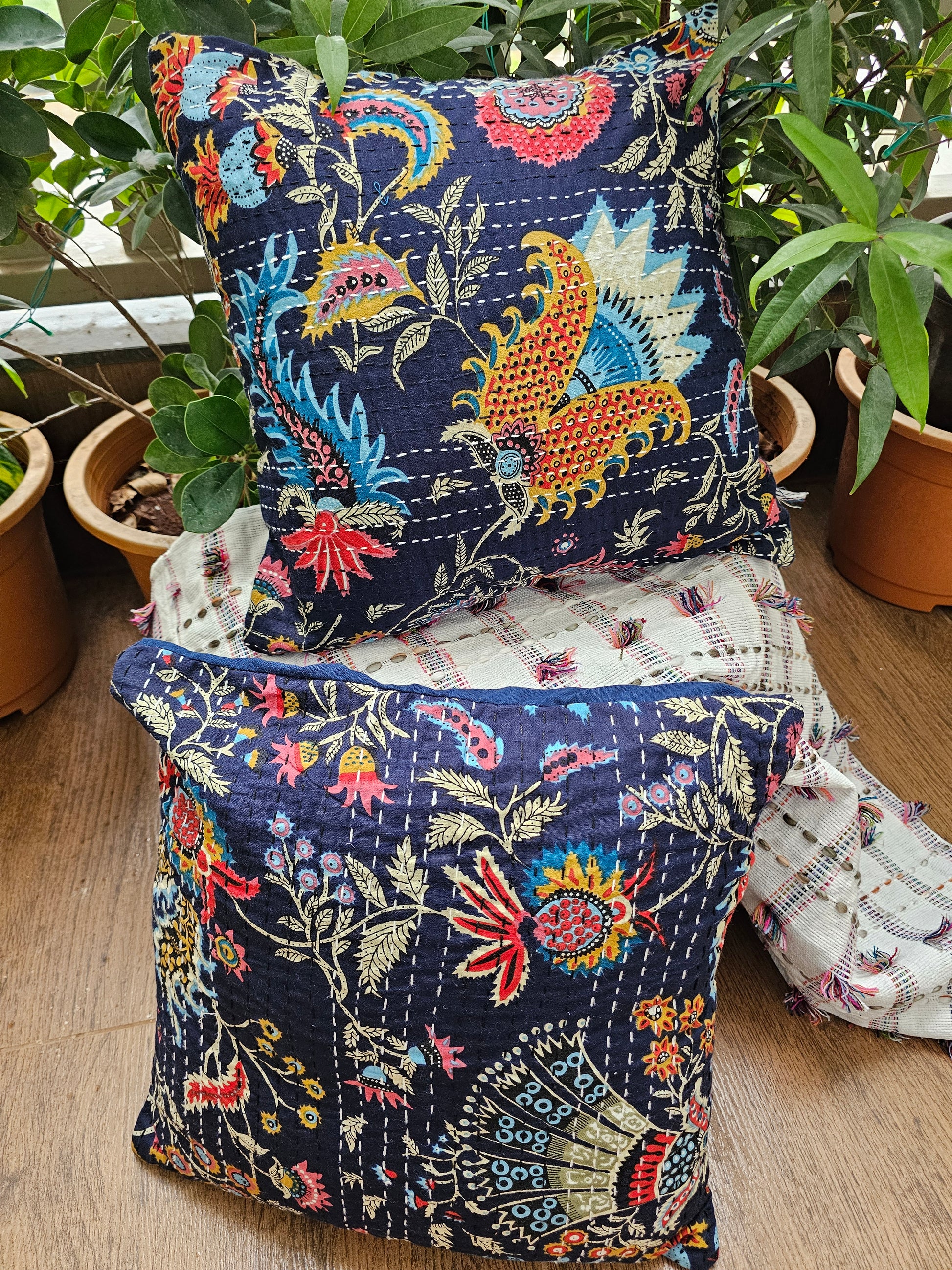 navy blue kantha cushion cover