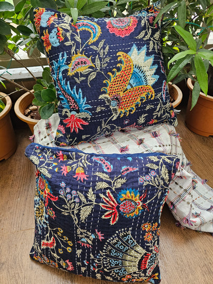 navy blue kantha cushion cover
