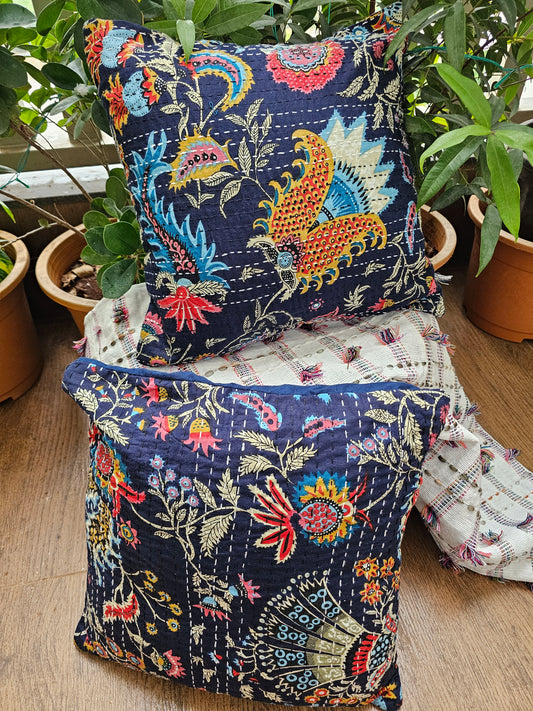 navy blue kantha cushion cover