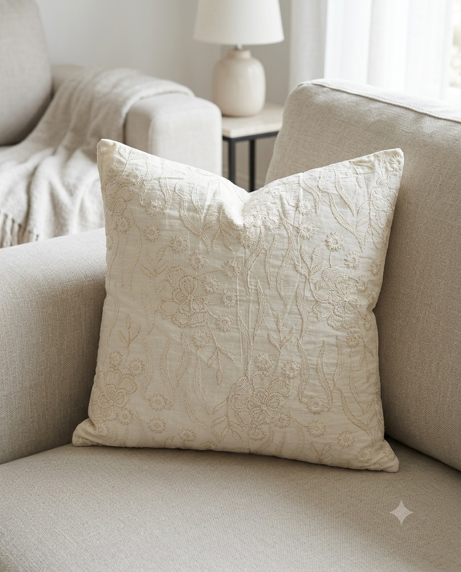 Hand Embroidered Floral Cotton Cushion Cover | Off-White & Cream Accent Pillow Cover