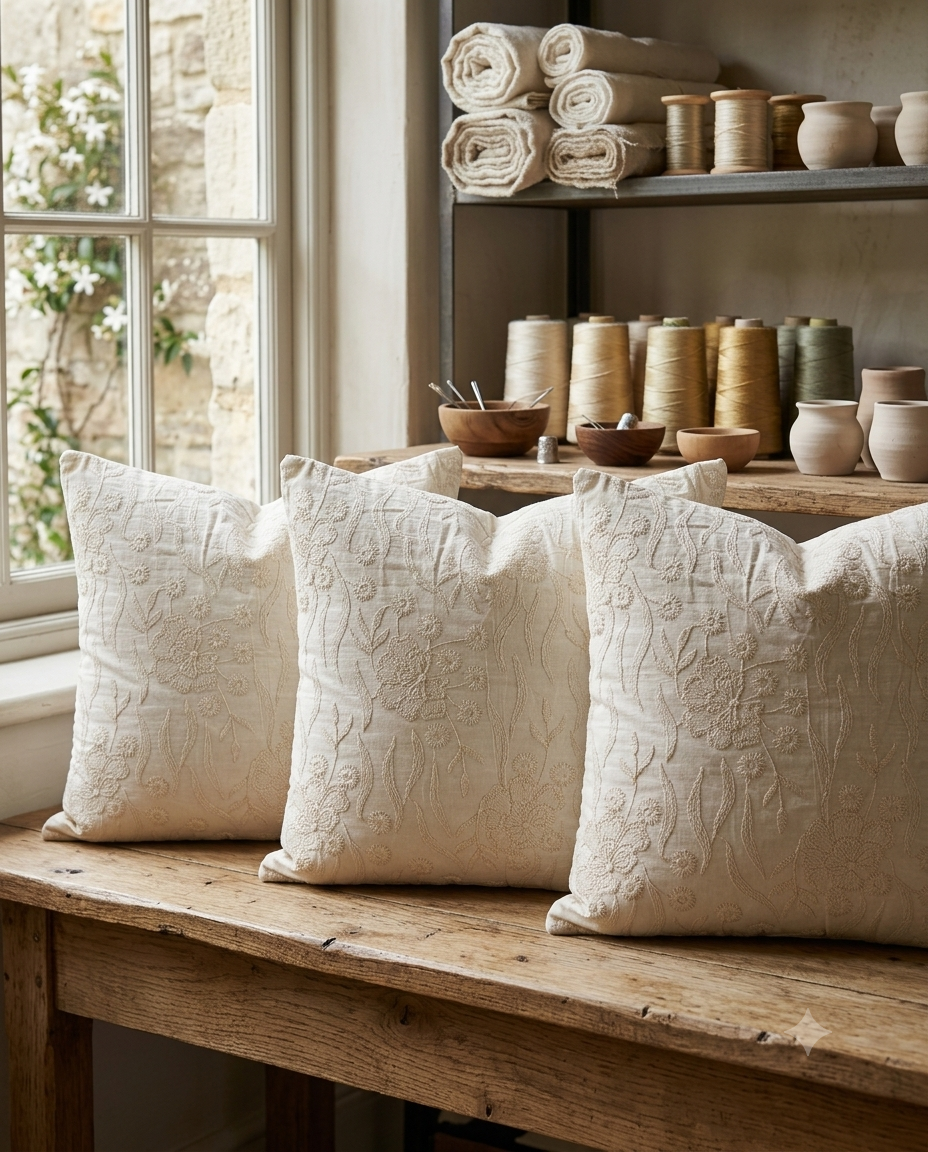 Hand Embroidered Floral Cotton Cushion Cover | Off-White & Cream Accent Pillow Cover