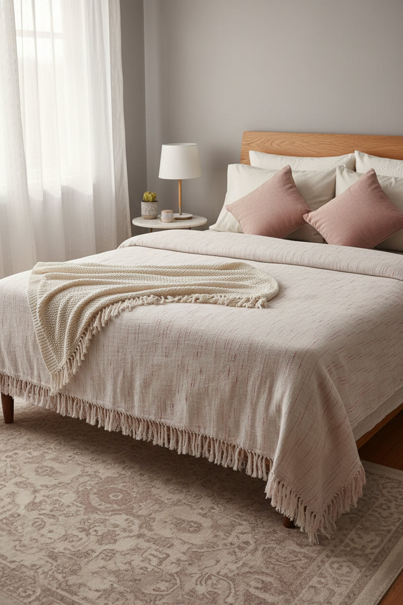 Natural off-white handloom slub cotton king size bed cover featuring subtle pink accent stripes and handcrafted fringe tassels.