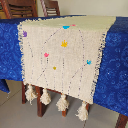 Handmade Kantha Work Slub Cotton Table Runner in Off-white Color with Embroidery and Hanging Tassels