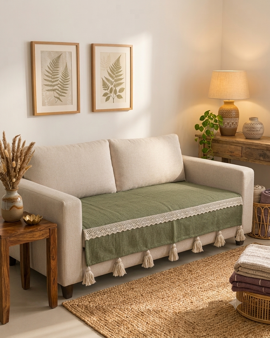 Olive green handwoven cotton wool sofa throw cover featuring a cream crochet lace trim band and thick off-white yarn tassels on a chair.