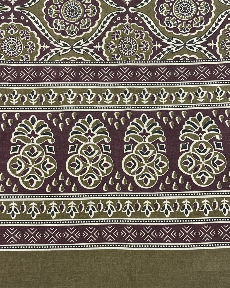 Olive green and deep plum cotton bed sheet featuring a traditional block-printed medallion and floral pattern with coordinating border details.