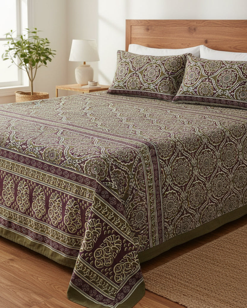 Olive green and deep plum cotton bed sheet featuring a traditional block-printed medallion and floral pattern with coordinating border details.