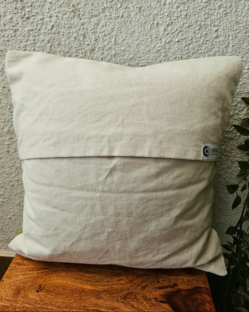 Olive lime green cotton cushion cover featuring traditional blue and white handblock lotus floral prints with subtle accent embellishments.