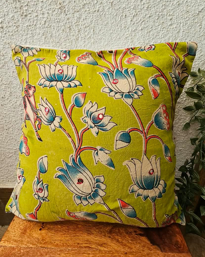 Olive lime green cotton cushion cover featuring traditional blue and white handblock lotus floral prints with subtle accent embellishments.