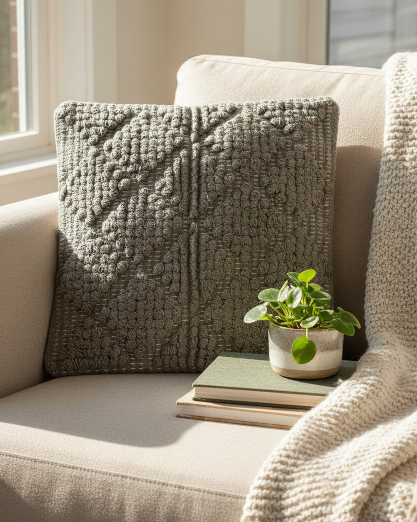 Set of 5 neutral boho-style cotton cushion covers, featuring three cream pillows with rows of grey tufted dots and two solid charcoal grey textured pillows, arranged neatly on a beige sofa in a cozy living room setting.