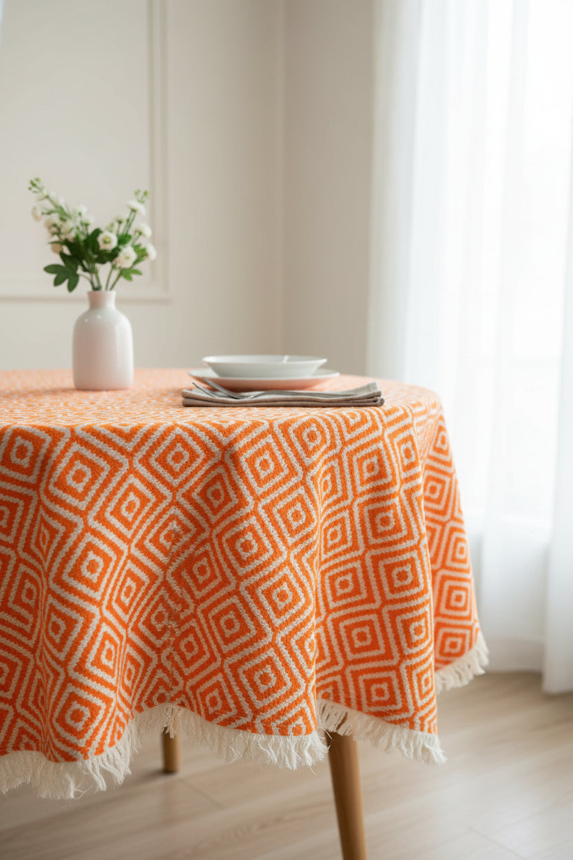 Orange and white geometric diamond pattern handloom cotton table cover featuring decorative fringe tassels along the edge.