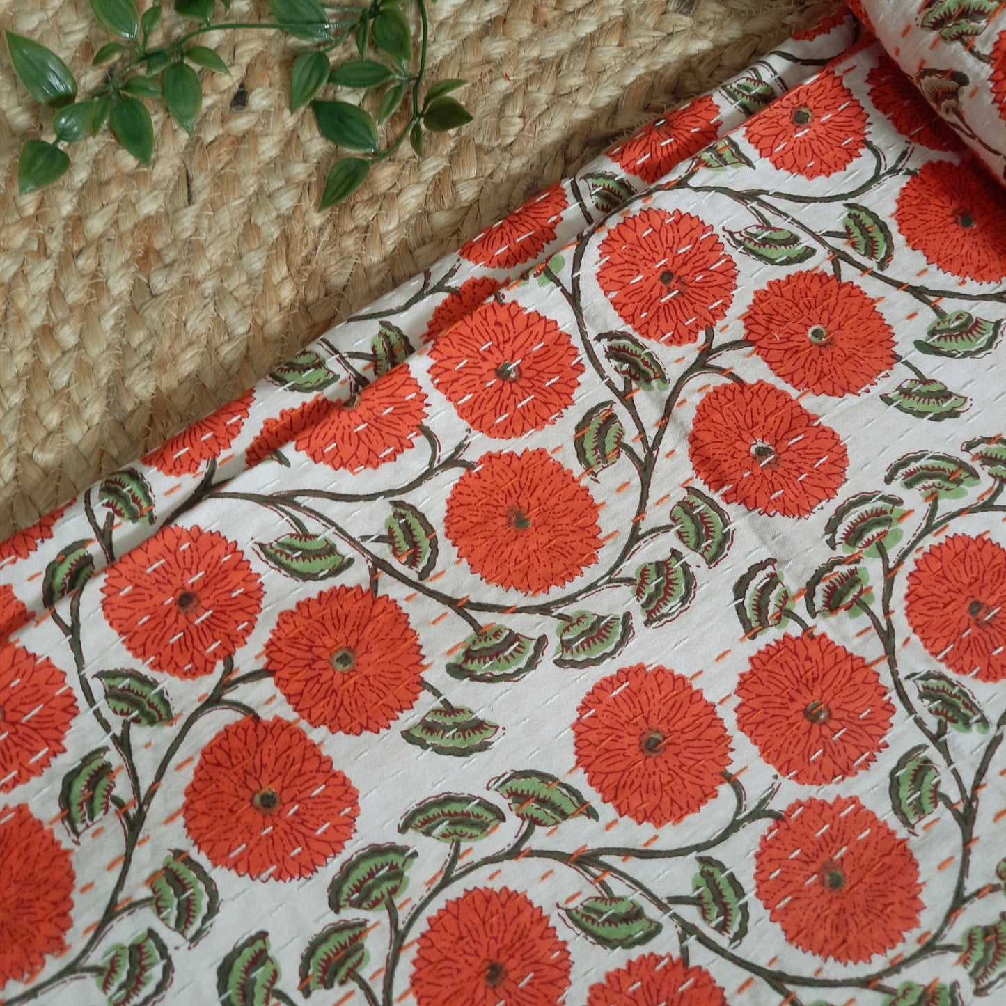 Orange Floral Kantha Work With Green Leaves Print King Size Bedcover