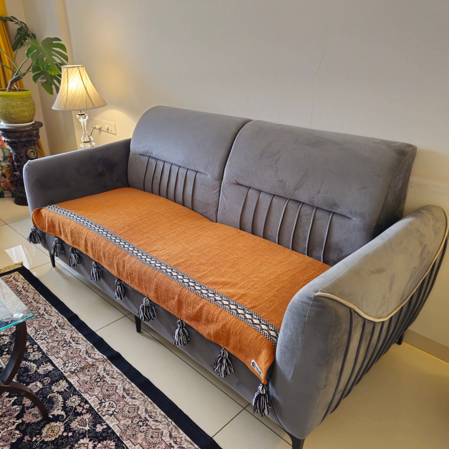orange jute sofa throw lace tassels