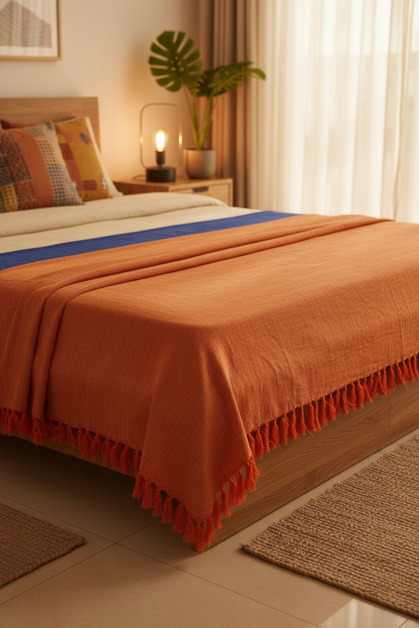 Orange fabric with frayed edge on a white background