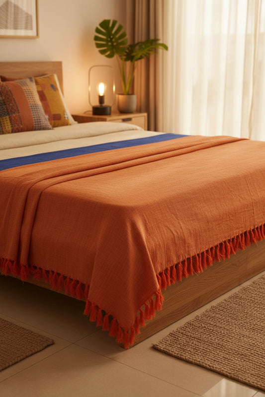 Orange fabric with frayed edge on a white background