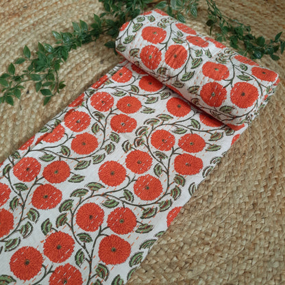 Orange Floral Kantha Work With Green Leaves Print King Size Bedcover