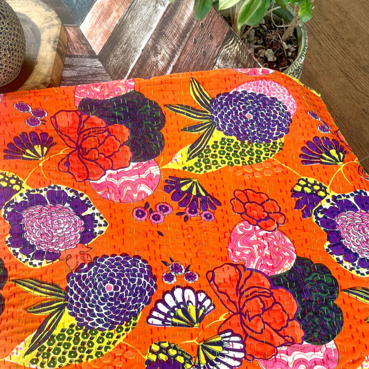 Orange Multicolored Flowers Cotton Ikat Handmade Sofa Throw