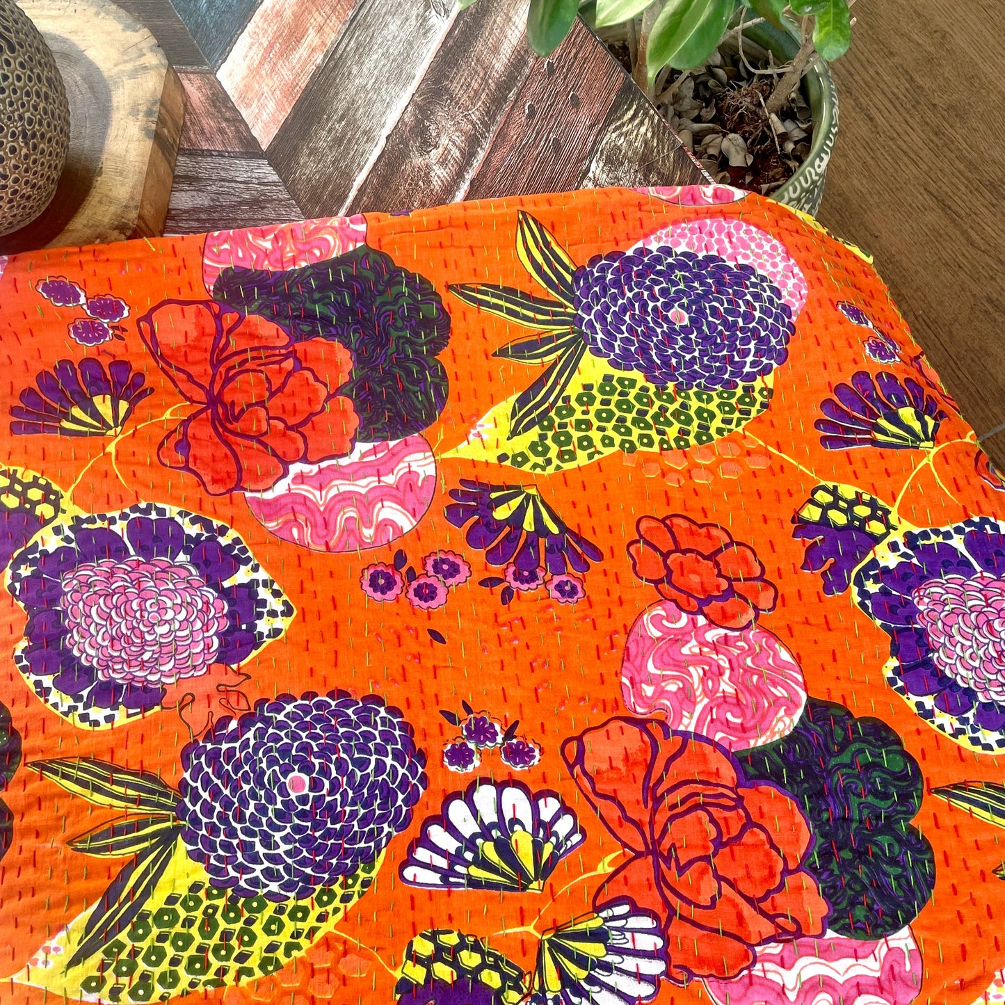 Orange Floral Kantha Work Handmade Table Cover