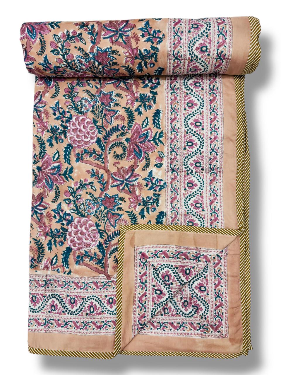 peach and pink floral dohar block print