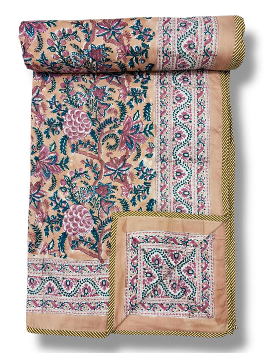 peach and pink floral dohar block print